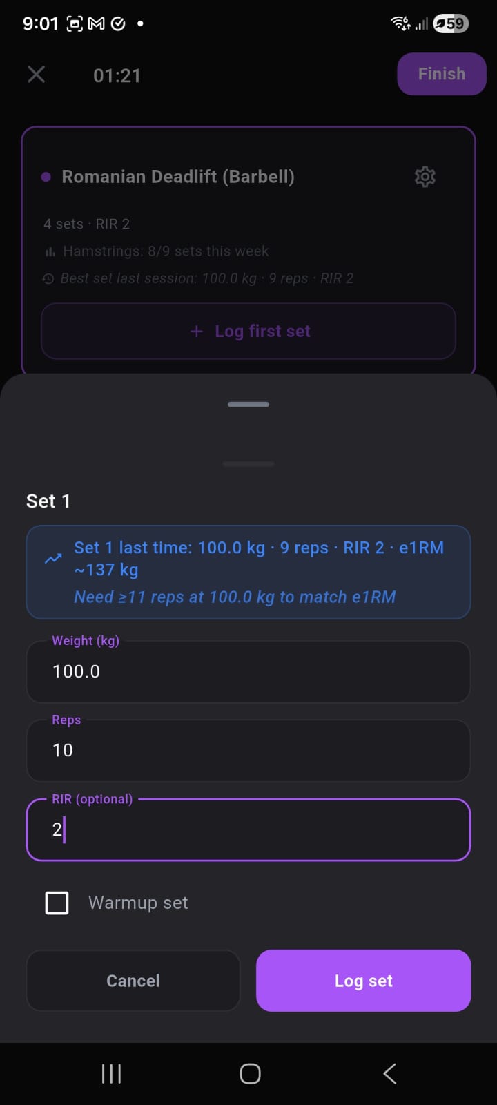 Kallpa exercise logging screen showing sets, reps, weight, and RIR input for an active workout