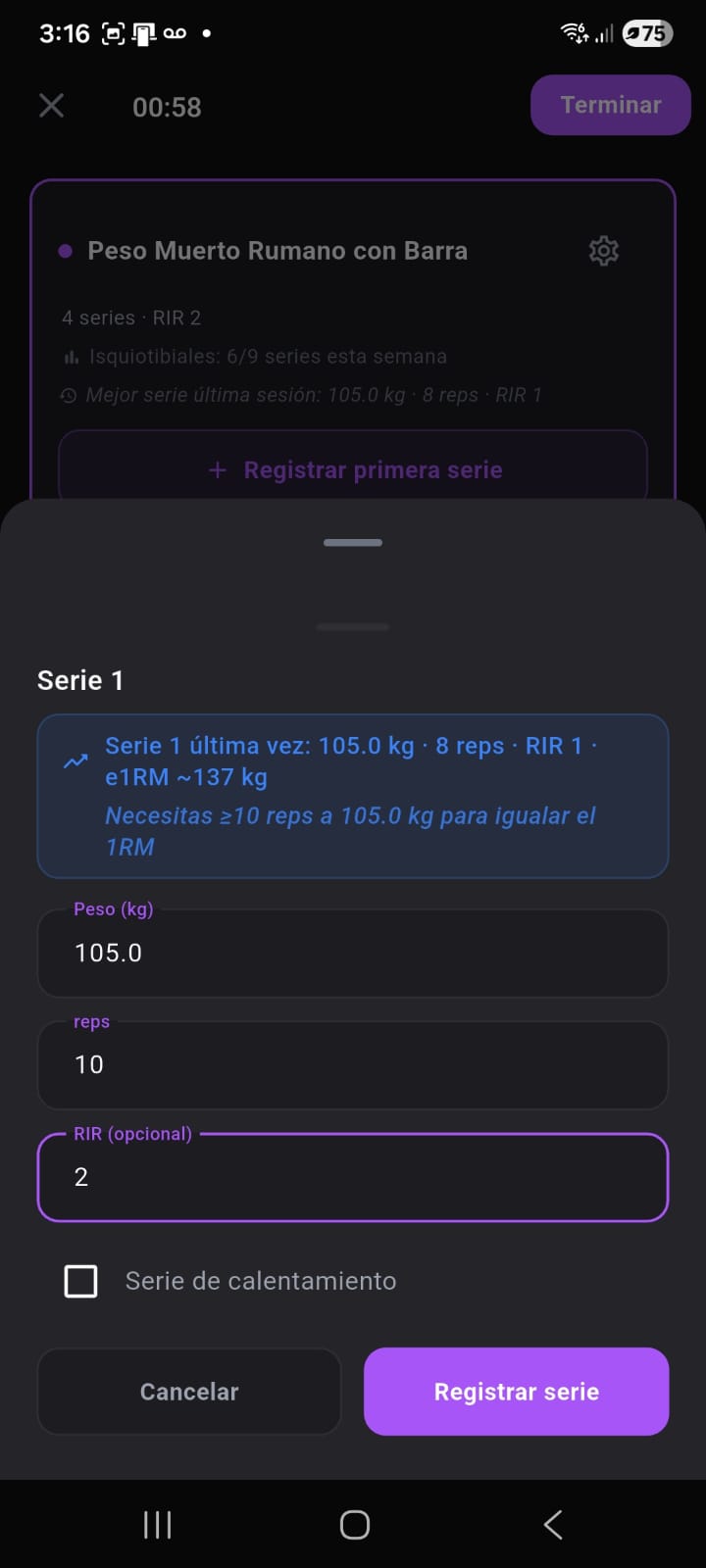 Pantalla de registro de ejercicios de Kallpa mostrando series, repeticiones, peso y RIR durante un entrenamiento activo