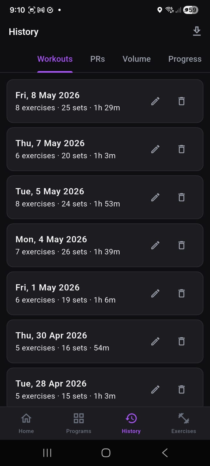 Kallpa workout history list showing completed sessions with dates, duration, and muscle groups trained